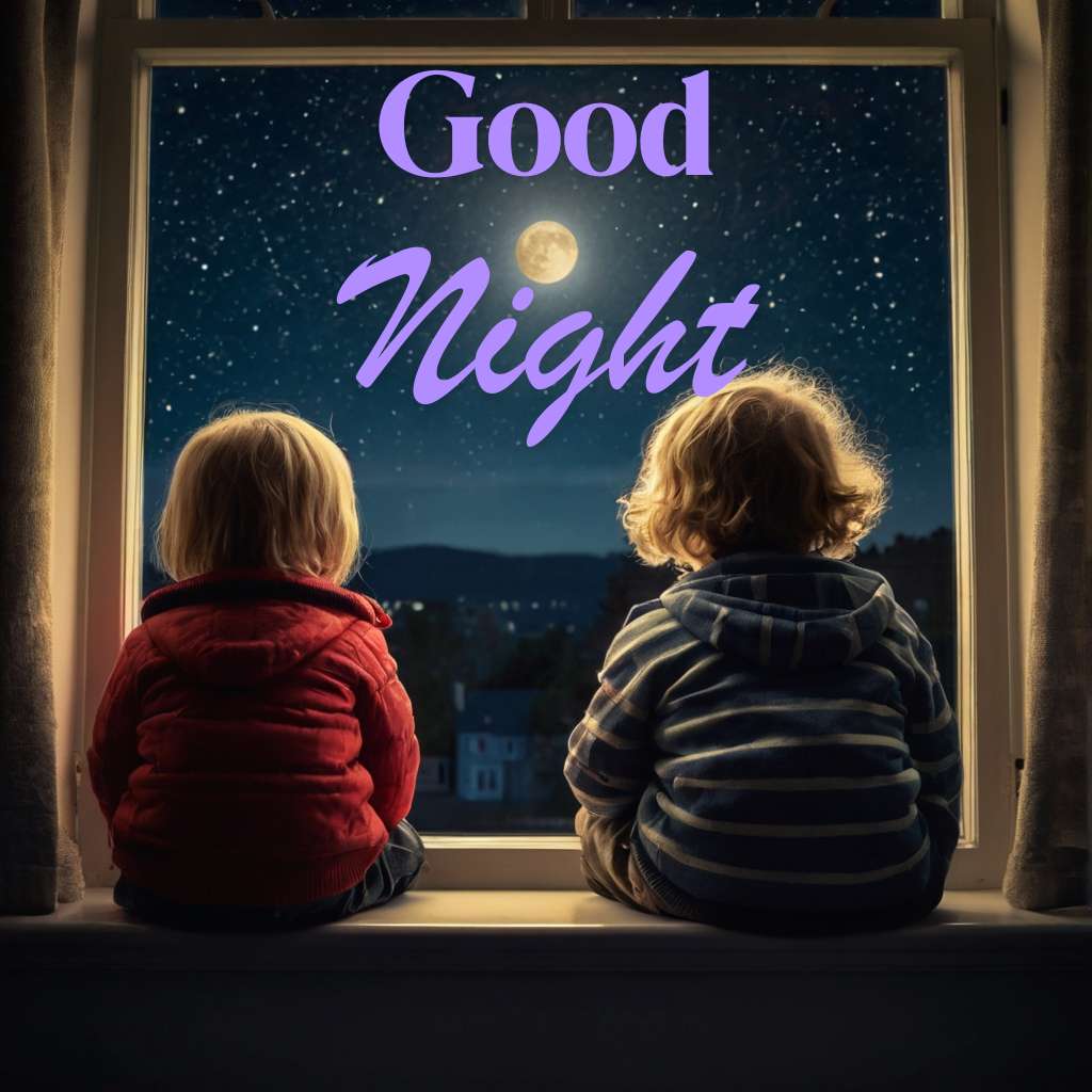 Good Night Image two kids sitting by windowsill. looking at moon