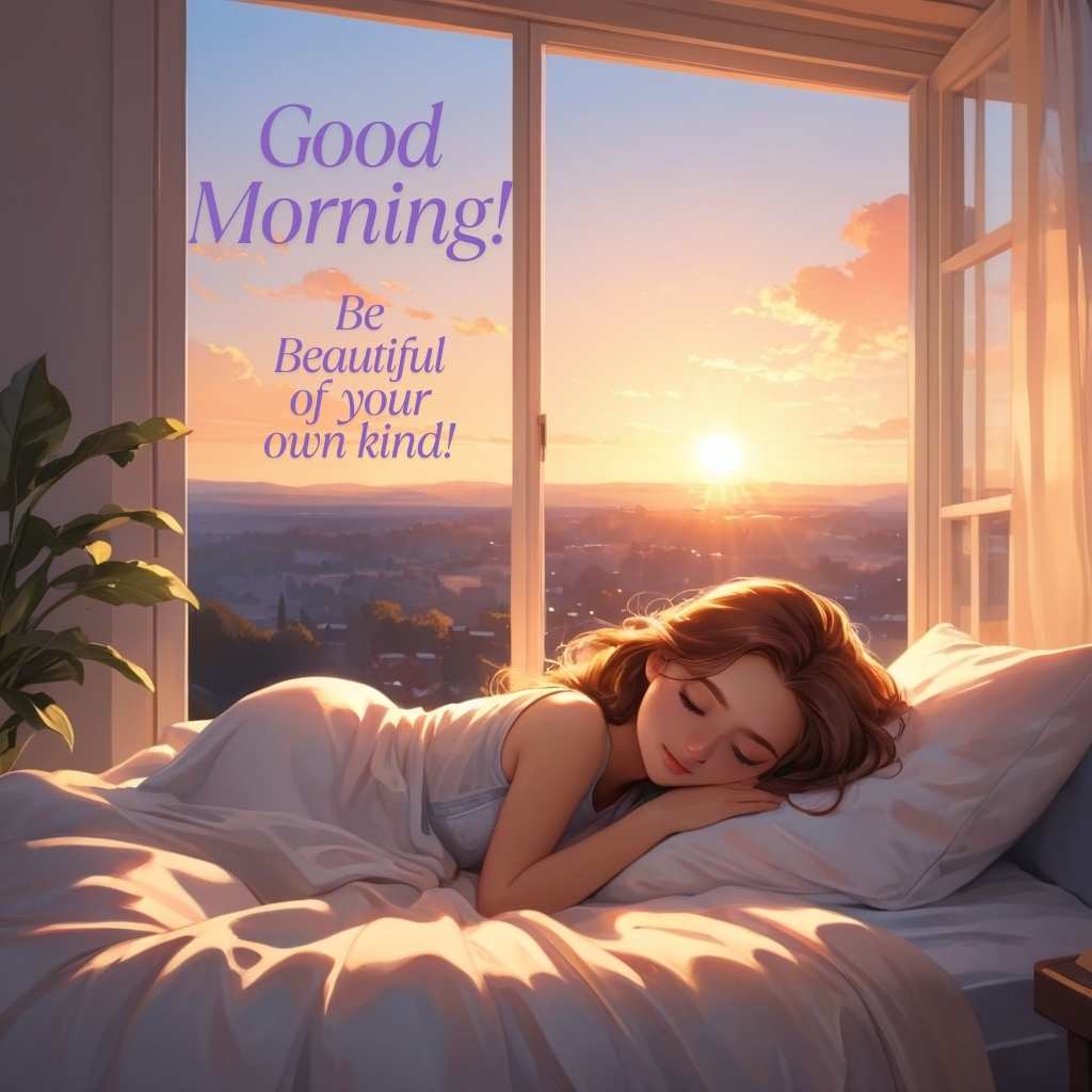 Good morning images - Girl sleeping cozily on her bed. Sunlight is coming through open window.
