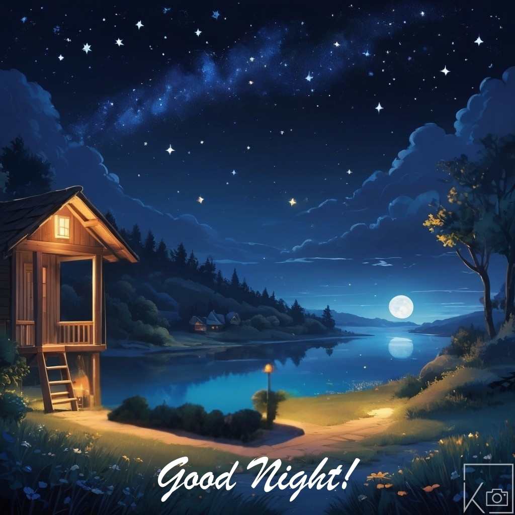Good Night Images - night scene. Wooden house lighted up
