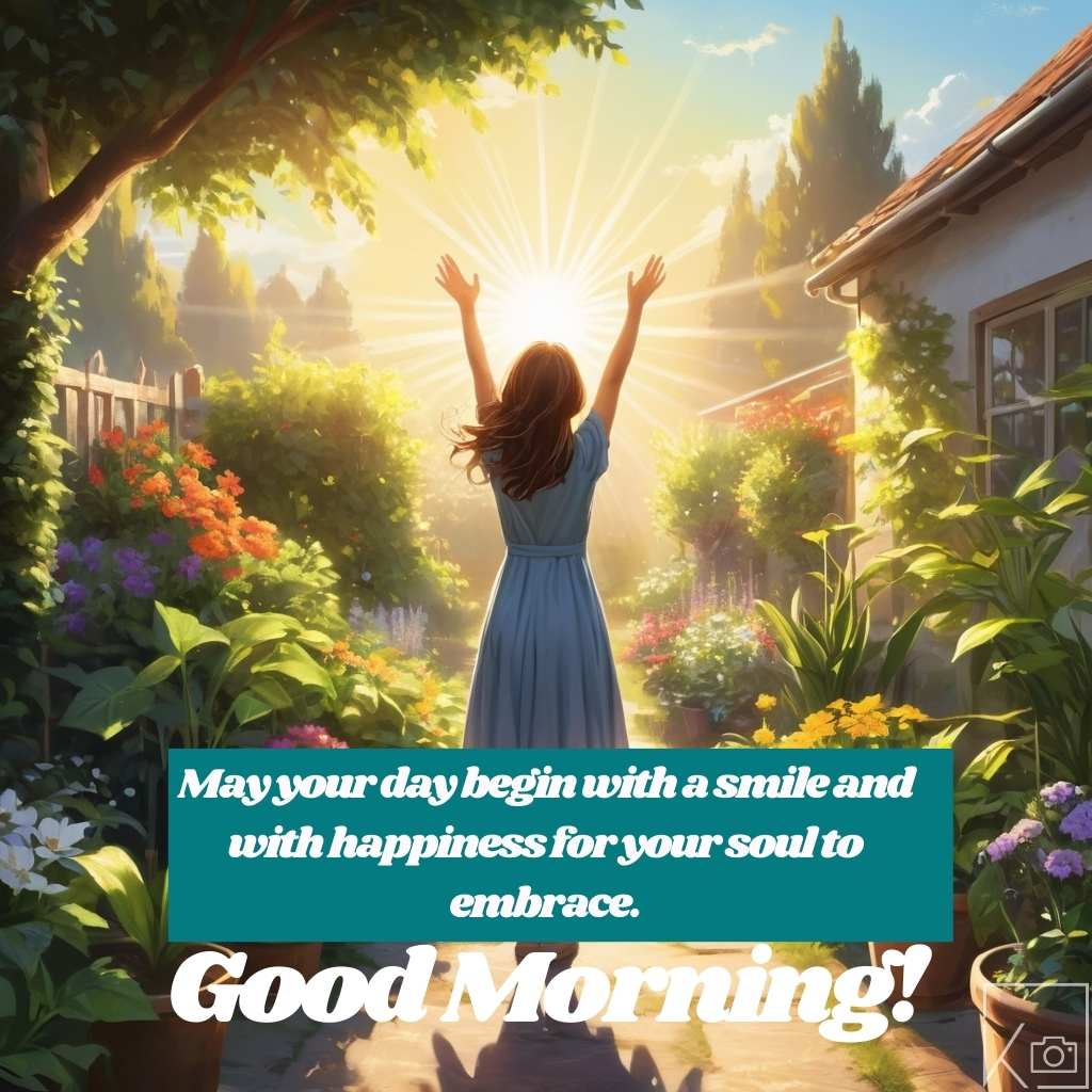 Good morning images sunrise and girl throwing hands up in
